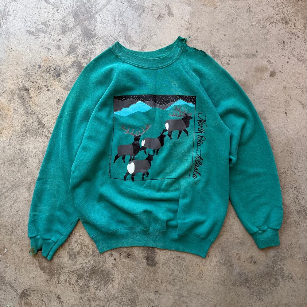 Vintage 90s thrashed sun faded North Pole Alaska Caribou Sweatshirt